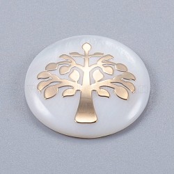 Freshwater Shell Cabochons, with Brass Findings, Flat Round with Tree of Life, Golden, 20x3.5~4mm(BSHE-E021-10G)