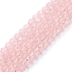 Imitation Austrian Crystal 5301 Bicone Beads, Faceted Glass Beads Strands, Pink, 3x3~3.5mm, Hole: 0.5mm, about 113~115pcs/strand, 36~36.5cm(GLAA-S026-3mm-15)
