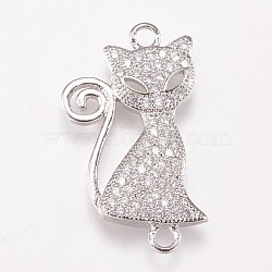 Brass Micro Pave Cubic Alloy Kitten Links connectors, Cat Silhouette Shape, Clear, Platinum, 23x13x2mm, Hole: 1mm(ZIRC-A009-43P)