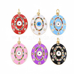 Brass Micro Pave Colorful Cubic Zirconia Pendants, with Jump Rings and Enamel, Nickel Free, Oval with Evil Eye, Real 16K Gold Plated, Mixed Color, 22x15.5x4mm, Jump Ring: 5x1mm, 3mm inner diameter(ZIRC-S067-236-NF)