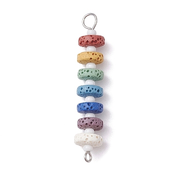 10Pcs Dyed Natural Lava Rock Connector Charms, 7 Colors Disc Links with Glass Seed Bead and Platinum Plated 304 Stainless Steel Double Loops, Colorful, 45x8mm, Hole: 1.5mm and 4mm