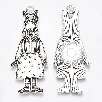 Tibetan Style Alloy Bunny Pendant Enamel Settings, Cadmium Free & Lead Free,, Rabbit with Dress, Antique Silver, 50x19.5x1.5mm, Hole: 2.5mm, about 260pcs/1000g