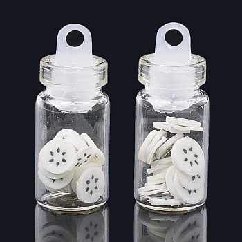 Handmade Polymer Clay Nail Art Decoration Accessories, with Glass Wishing Bottle and CCB Plastic Bottle Stopper, Fruits, White, 4~8x4~8x0.1~2mm, about bottle: 27.5x11mm, hole: 3mm