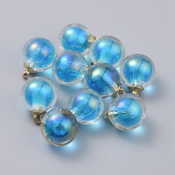 AB Color Transparent Acrylic Pendants, Bead in Bead, with CCB Plastic Pendant Bails, Round, Light Gold, Deep Sky Blue, 20x16mm, Hole: 2mm