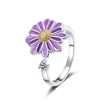 Rotatable Brass Rhinestone Cuff Rings, Flower, Violet, US Size 8(18.1mm)