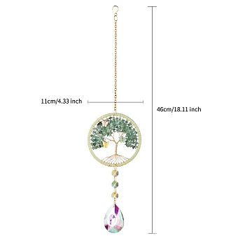 Tree of Life Hanging Crystal Prisms Suncatcher with Natural Green Aventurine Chips, Chain Pendant Hanging Decor , Light Green, 460mm