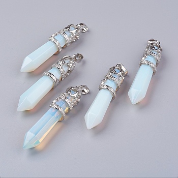 Opalite Big Pointed Pendants, with Alloy Findings, Faceted, Bullet, Platinum, 59~63x11~12mm, Hole: 4x7mm