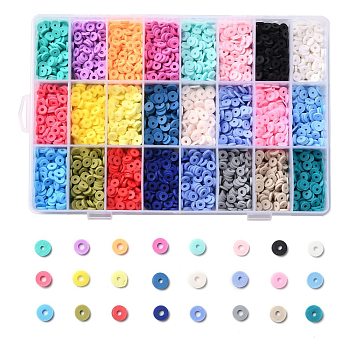 240G 24 Colors Handmade Polymer Clay Beads, Heishi Beads, for DIY Jewelry Crafts Supplies, Disc/Flat Round, Mixed Color, 6x1mm, Hole: 2mm, 10g/color