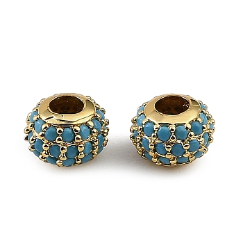 Brass Micro Pave Steel Blue Cubic Zirconia Beads, Rondelle, Rack Plating, Long-Lasting Plated, Cadmium Free & Lead Free, Real 18K Gold Plated, 8x6mm, Hole: 3mm