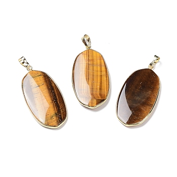 Natural Tiger Eye Pendants, with Rack Plating Light Gold Tone Brass Findings, Cadmium Free & Lead Free, Oval Charms, 48x22x4.5mm, Hole: 8x5mm