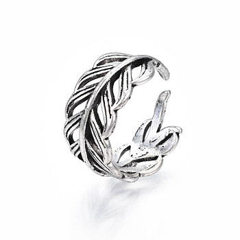 Alloy Leaf Wrap Open Cuff Ring for Women, Cadmium Free & Lead Free, Antique Silver, US Size 6 3/4(17.1mm)