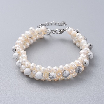 Natural Howlite Beads Bracelets, with Natural Pearl Beads, 304 Stainless Steel Lobster Claw Clasps and Kraft Paper Cardboard Jewelry Boxes, 7-1/2 inch(19cm)