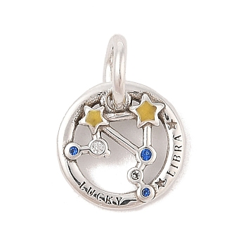 Luminous 925 Sterling Silver Rhinestone Constellation Charms, Glow in the Dark Enamel Constellation Charms with Oval Jump Rings, Antique Silver, Libra, 11.5x2mm, Hole: 4x5mm