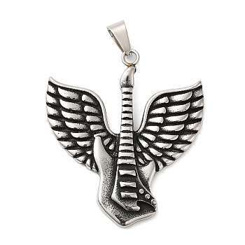 Titanium Steel Pendants, Guitar with Wing Charm, Antique Silver, 48x42.5x5.5mm, Hole: 9x4.5mm