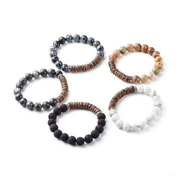 Natural Mixed Stone Round Beads Stretch Bracelets, with Rondelle Coconut Wood Beads and Alloy Spacer Beads , Inner Diameter: 2-1/4 inch(5.8cm), 10mm
