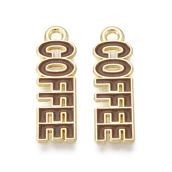 Alloy and Enamel Pendants, Word/COFFEE Charms, Golden, Camel, 22x7x1mm, Hole: 1.5mm