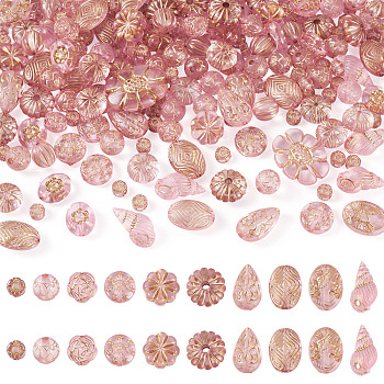 100G Transparent Acrylic Beads, Mixed Shapes, with Glitter Powder & Golden Metal Enlaced, Pink, 10mm