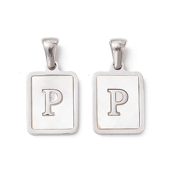 304 Stainless Steel Pave Shell Pendants, Rectangle Charm, Stainless Steel Color, Letter P, 17.5x12x1.5mm, Hole: 3x5mm