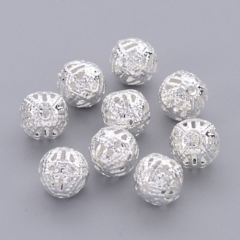 Brass Filigree Beads, Filigree Ball, Round, Silver Color Plated, 8mm in diameter, hole: about 0.8mm