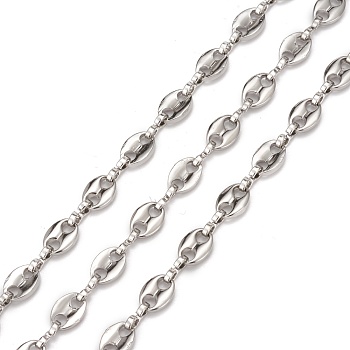 304 Stainless Steel Coffee Bean Chains, with Spool, Unwelded, Stainless Steel Color, 7.3x5.2x1.4mm, about 32.8 Feet(10m)/roll