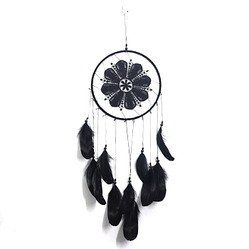 Indian Style Cotton Cord Macrame Wall Hanging, Iron Woven Web/Net with Feather Pendant Decorations, Black, 500~550x200mm