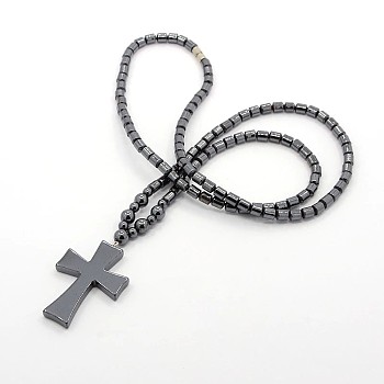 Trendy Unisex Holly Jewelry Grade A Non-Magnetic Synthetic Hematite Beaded Cross Pendant Necklaces, with Alloy Screw Clasps, Black, 24.6 inch