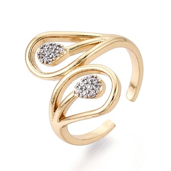 Brass Micro Pave Clear Cubic Zirconia Open Cuff Rings, Teardrop, Real 18K Gold Plated, 20x12mm, Inner Diameter: 17mm