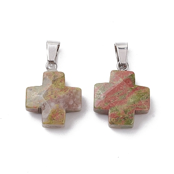 Natural Unakite Pendants, Cross Charms with Stainless Steel Color Plated Stainless Steel Snap on Bails, 20~20.5x15.5~16.5x6~7mm, Hole: 7x4.5mm