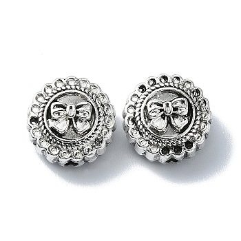 Tibetan Style Alloy Beads, Flat Round with Bowknot, Antique Silver, 13x8mm, Hole: 1.6mm, about 138pcs/500g