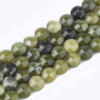 Natural Canadian Jade Beads Strands, Faceted, Flat Round, 6.5~7x4mm, Hole: 1mm, about 58pcs/strand, 14.7 inch~14.9 inch