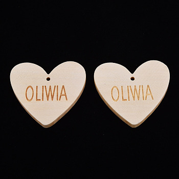 Wood Big Pendants, Laser Engraved, Heart with Oliwia, Antique White, 49.5x54.5x5.5mm, Hole: 2.5mm