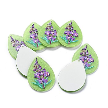 Acrylic Pendants, 3D Printed, with Glitter Powder, Teardrop with Flower, Lawn Green, 43x30x2.5mm, Hole: 1.6mm