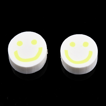 Handmade Polymer Clay Beads, Flat Round with Smiling Face, Champagne Yellow, 9~10x4mm, Hole: 1.2~1.6mm