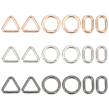 WADORN 18Pcs 9 Styles Alloy Spring Gate Rings, Oval & Ring & Triangle Shape, Mixed Color, 5 Gauge, 31.5~35x21x4.5mm, Inner Diameter: 25~26x12mm, 2pcs/style