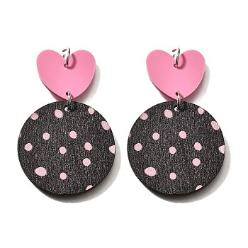 Poplar Pendants, Flat Round with Polka Dot Pattern & Heart Charms, with Arylic & Platinum Loop, Hot Pink, 55.5x34.5x2.5mm, Hole: 5mm