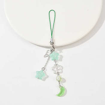 Alloy Wing with Glass Moon & Star Mobile Straps, with Polyester Cord, Platinum, Turquoise, 142mm