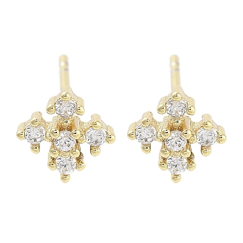 Brass Micro Pave Clear Cubic Zirconia Studs Earring, Flower, Real 18K Gold Plated, 7x7mm