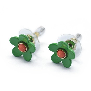 Spray Painted Brass Stud Earrings, with Synthetic Turquoise, Plastic Ear Nuts, Platinum, Green, 11mm, Pin: 0.5mm