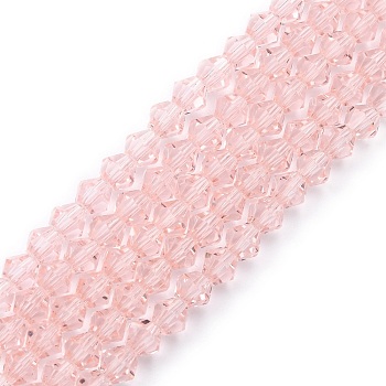 Imitation Austrian Crystal 5301 Bicone Beads, Faceted Glass Beads Strands, Pink, 3x3~3.5mm, Hole: 0.5mm, about 125~130pcs/strand, 15.5 inch