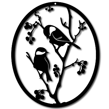 Iron Pendant Decorations, for Outdoor Garden Decoration, Oval with Bird, Electrophoresis Black, 30x25cm