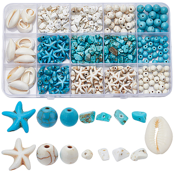 SUNNYCLUE DIY Beads Jewelry Making Finding Kit, Including Synthetic Magnesite & Howlite & Turquoise & Natural Cowrie Shell Beads, Chips & Round & Starfish, Mixed Color