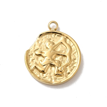 304 Stainless Steel Pendants, Textured Flat Round with Constellations Charm, Real 14K Gold Plated, Sagittarius, 18x15x2mm, Hole: 1.8mm