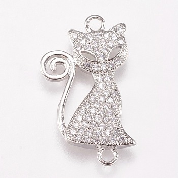 Brass Micro Pave Cubic Alloy Kitten Links connectors, Cat Silhouette Shape, Clear, Platinum, 23x13x2mm, Hole: 1mm