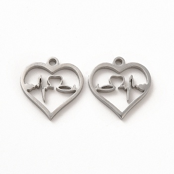 304 Stainless Steel Charms, Heart with Heartbeat, Stainless Steel Color, 13.5x13x1.4mm, Hole: 1.4mm