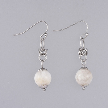 Natural White Moonstone Dangle Earrings, with 304 Stainless Steel Flower Bead Caps and 316 Surgical Stainless Steel Earring Hooks, 39mm, Pin: 0.6mm