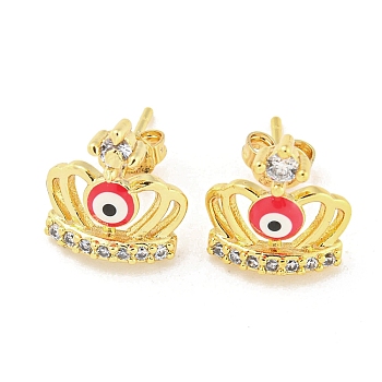 Crown with Evil Eye Real 18K Gold Plated Brass Stud Earrings, with Enamel and Clear Cubic Zirconia, Red, 12x11mm