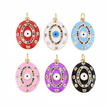 Brass Micro Pave Colorful Cubic Zirconia Pendants, with Jump Rings and Enamel, Nickel Free, Oval with Evil Eye, Real 16K Gold Plated, Mixed Color, 22x15.5x4mm, Jump Ring: 5x1mm, 3mm inner diameter