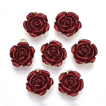 Rack Plating Alloy Pendants, with ABS Plastic, Cadmium Free & Lead Free, Rose Flower, Dark Red, Light Gold, 15~18x14.5x8mm, Hole: 1.5mm