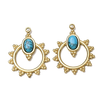 Dyed Synthetic Turquoise Pendants, 303 Stainless Steel Sun Bezeled Charms, Ion Plating(IP), Golden, 22.5x17.5x3mm, Hole: 1.4mm