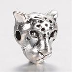 Alloy Beads, Leopard Head, Antique Silver, 9.5x9.5x7.5mm, Hole: 1.5mm(PALLOY-K227-02AS)